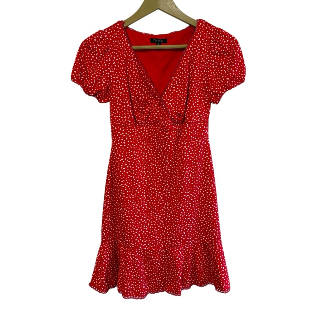 City Studio Size XS Red White Polka Dot Puff Sleeve Babydoll‎ Mini Dress Y2K